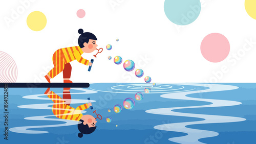Young Girl Enjoying Blowing Bubbles on A Summer Day With Reflection