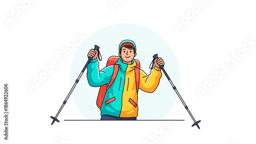 Young Hiker With Backpack And Trekking Poles Ready For His Adventure Trip