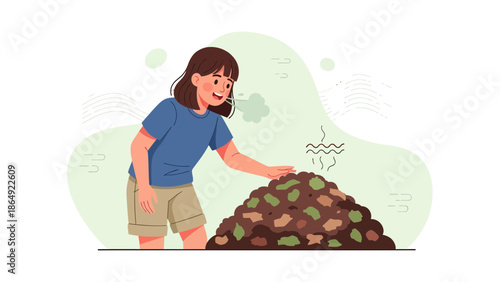 Young Woman Smelling Rotten Waste Compost Pile Decomposition Process Illustration