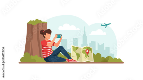 Young Woman Takes Photos At Scenic Vantage Point With Travel Map