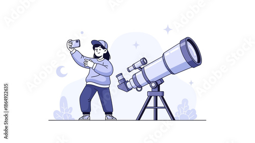 Young Woman Taking Selfie With Telescope During Astronomy Exploration Illustration