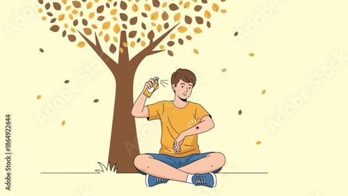 Young Man Applies Bug Spray While Relaxing Outdoors Under An Autumn Tree