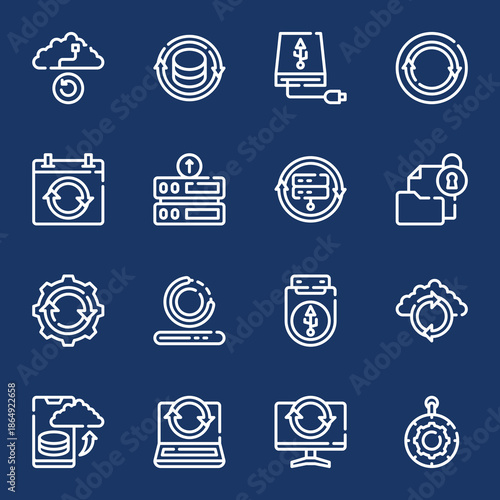 Cloud backup and data recovery icons, representing data storage, synchronization, and system updates for digital services