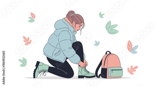 Young Woman Tying Her Boot Laces Outdoors During Autumn Minimalist Illustration