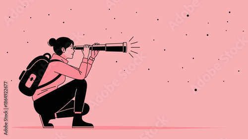 Young Woman With Backpack Looks Through Telescope Exploring Future Concept