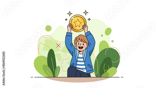 Young Man Celebrating Success Holding Golden Coin Above Head Illustration