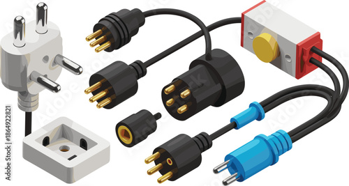 Isometric 3D illustration of electrical plugs adapters and connectors, power supply components set for technology and energy concepts