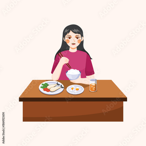 A flat illustration of a woman enjoying a meal at the table, representing daily dining activities and lifestyle moments.