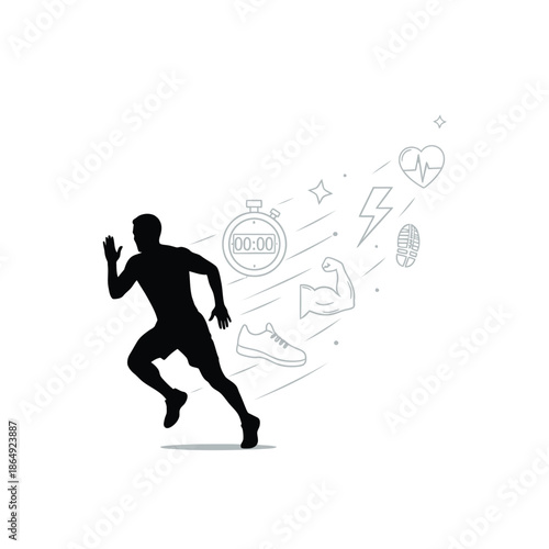 Runner silhouette sprinting with fitness icons trail vector illustration