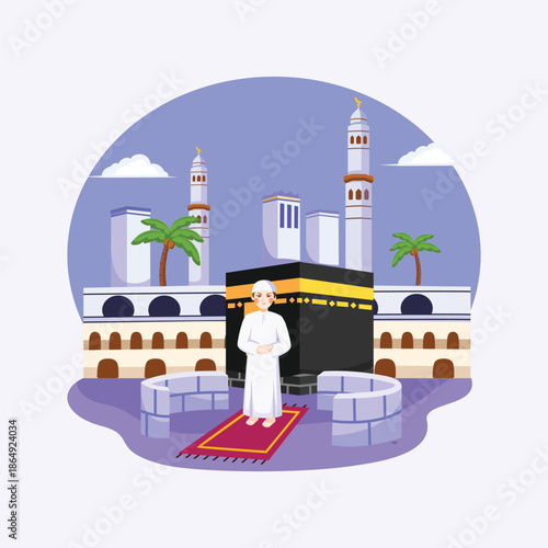 A flat illustration of a Muslim pilgrim standing in front of the Kaaba, symbolizing spiritual worship and Islamic pilgrimage rituals.
