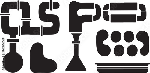 Black Silhouette Pipe Fittings and Valves on White Background