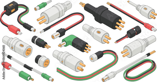 Isometric electrical cable and plug collection with adapters connectors and power cords, detailed technology and energy illustration set