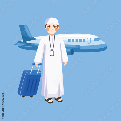 A flat illustration of a Muslim pilgrim holding luggage in front of an airplane, representing umrah travel and pilgrimage journeys.