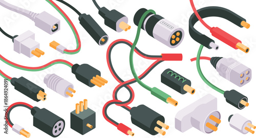 Isometric electrical cable and plug collection with adapters connectors and power cords, detailed technology and energy illustration set