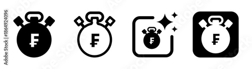 Franc currency sign icon on stopwatch representing timed payments and financial tracking