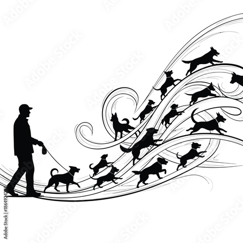 Dog walker silhouette with artistic swirling trail of running dogs