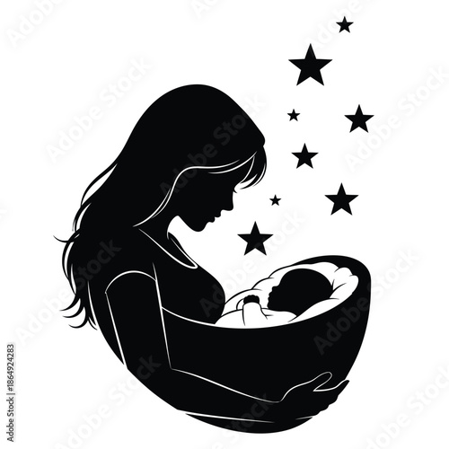 Mother holding baby silhouette with stars vector illustration