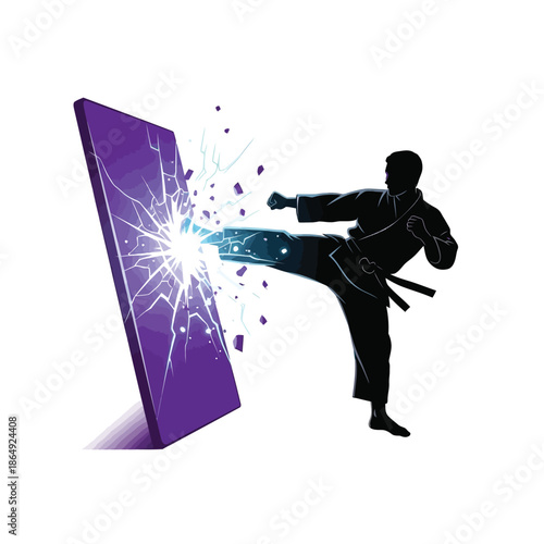 Martial artist kicking smartphone screen shattering glass vector