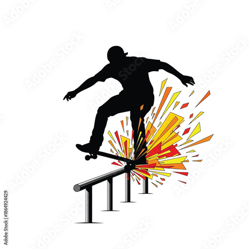 Skateboarder silhouette grinding rail with abstract explosion vector