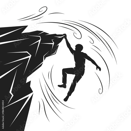 Man Hanging from Cliff Edge Silhouette Vector Illustration