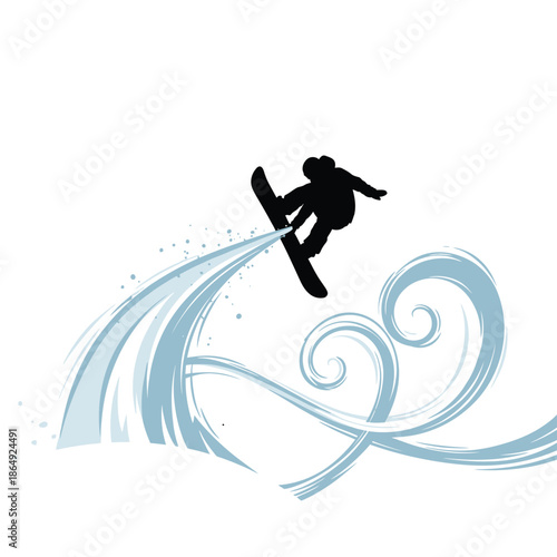 Adobe Illustrator ArtworkaSnowboarder Jumping Silhouette with Abstract Snow Trail Vector