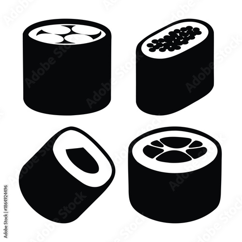 Four black and white silhouette sushi roll icons in various forms for culinary themes