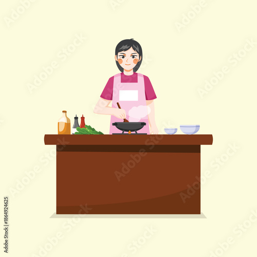 A flat illustration of a woman cooking at a kitchen counter, representing home cooking activities and daily lifestyle routines.
