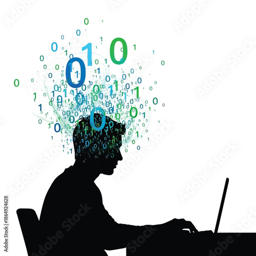 Programmer silhouette working on laptop with binary code mind