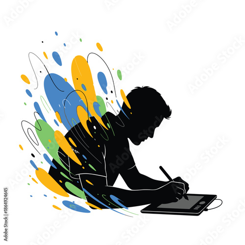 Digital artist silhouette drawing on tablet with colorful splashes