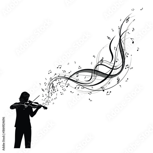 Violinist silhouette playing classical music with swirling notes