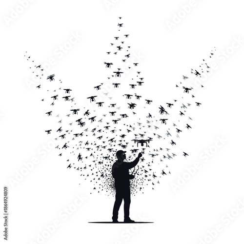 Drone pilot controlling swarm of flying quadcopters vector