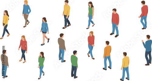 Isometric people walking set with men and women characters, everyday crowd movement poses for urban lifestyle illustration