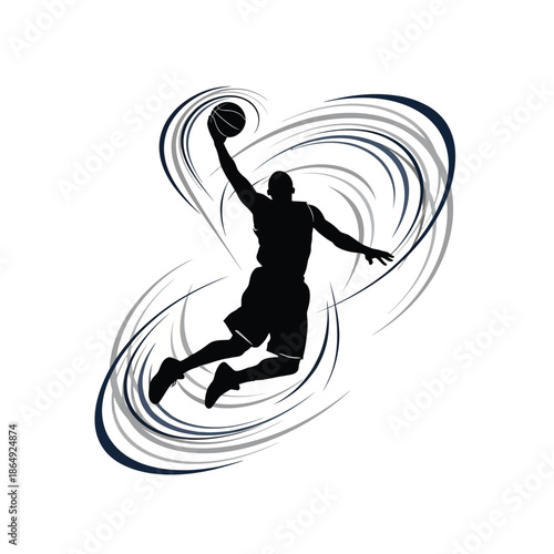 Basketball player dunking ball with dynamic swirls vector
