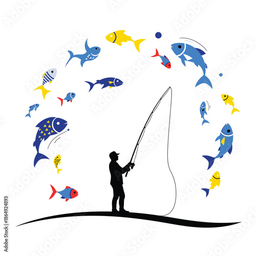 Fisherman silhouette catching colorful fish circle vector
