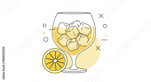 Refreshing yellow cocktail in a balloon glass filled with ice cubes and a lemon slice garnish in a vector art style.