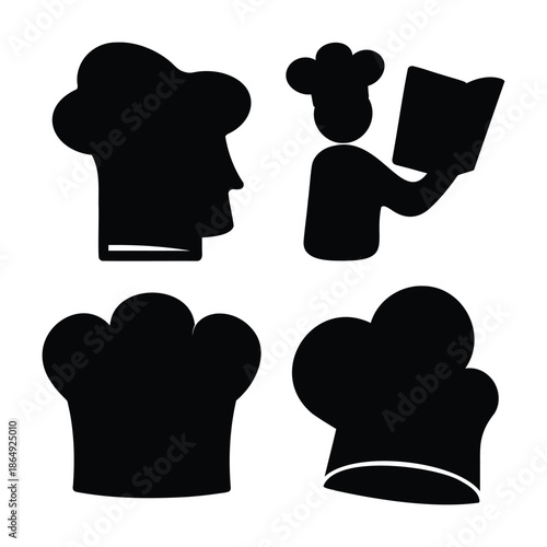 Essential chef hat silhouette collection and a cook reading a recipe book icon set