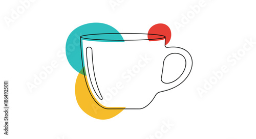 Minimalist outline of a coffee cup with abstract teal, orange, and red circles in the background on white.