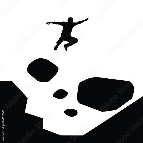 Parkour athlete jumping over rock obstacles silhouette vector