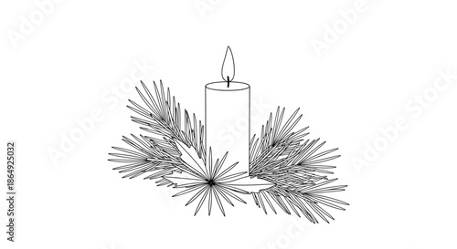 Simple black and white line drawing of a lit candle surrounded by pine branches and holly-like leaves on white.