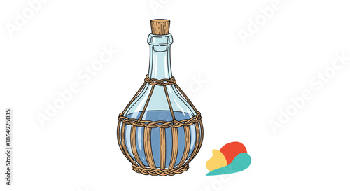 Traditional woven glass bottle filled with blue liquid and abstract colorful shapes at the base on a white background.