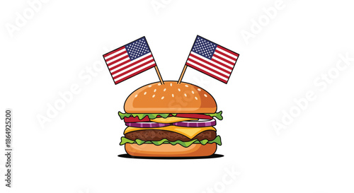 Patriotic hamburger with lettuce, cheese, and tomato features two small American flags stuck into the bun on white.