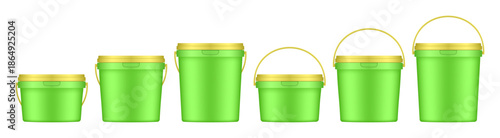 Green plastic buckets with yellow handle and lid. Vector mockup of a food or building mixtures packaging. A bucket of paint or putty. Small, medium and large sizes