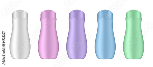 Set of white, pink, purple, blue, and green cosmetic bottles. Realistic mockup. Korean packaging. Lotion or shower gel. Conditioner or hair mask
