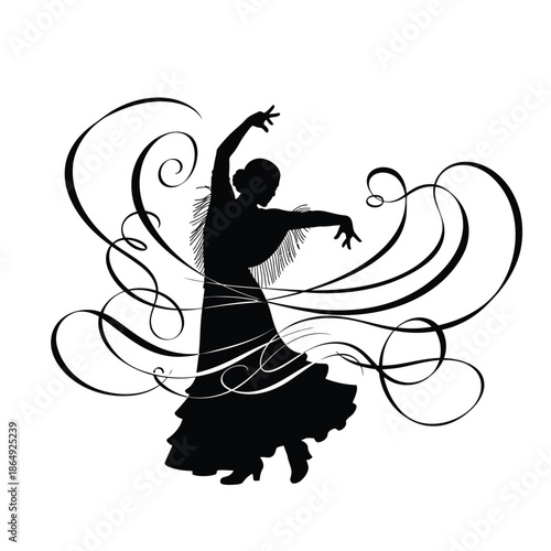 Spanish flamenco dancer silhouette with swirl abstract lines vector