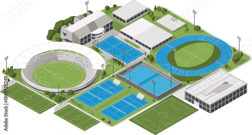 Isometric sports complex with stadium, swimming pool, football fields, running track, basketball courts and athletic facilities illustration