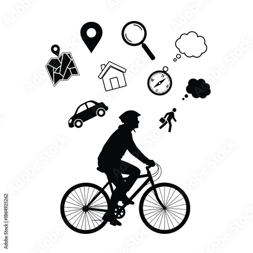 Cyclist silhouette with lifestyle and travel navigation icons vector