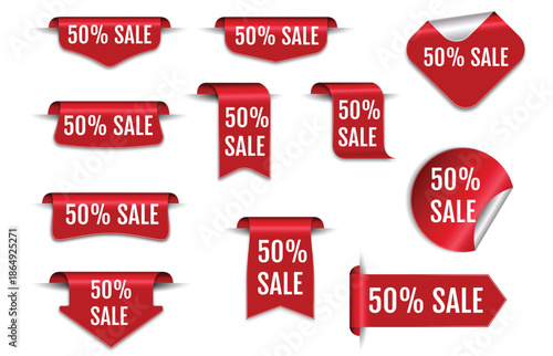 Red 50 Percent Sale Price Tag Labels Half Price on White Background
