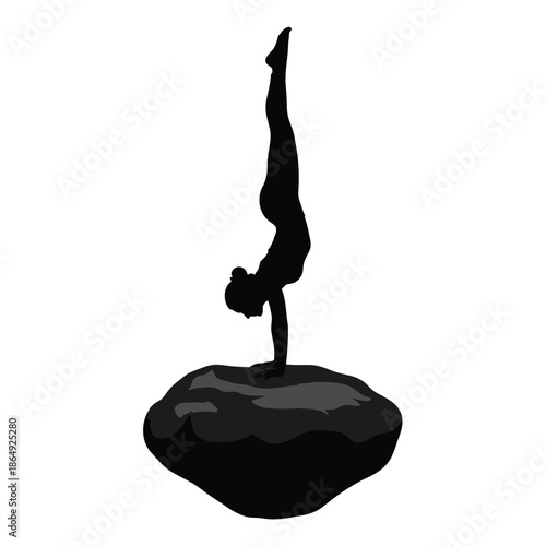 Gymnast silhouette doing handstand on rock stone vector