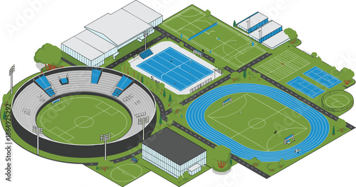 Isometric sports complex with stadium, swimming pool, football fields, running track, basketball courts and athletic facilities illustration