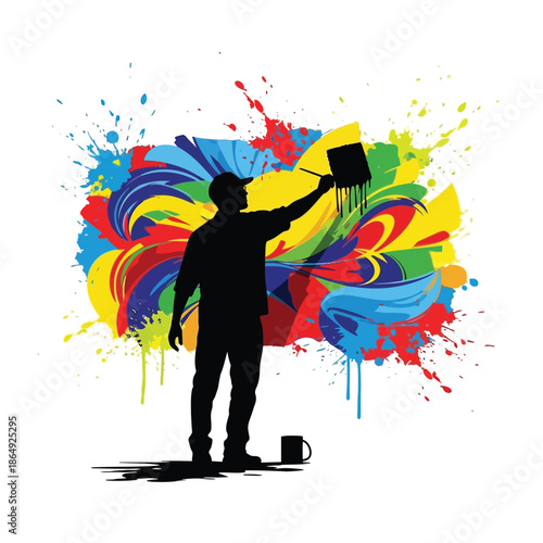 Painter silhouette holding roller with colorful paint splashes vector